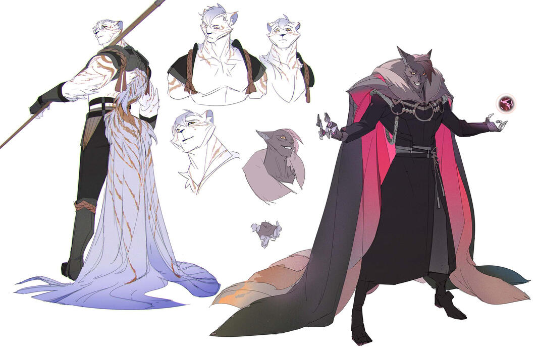 Tiger and fox. I was imagining a world where it was important to have a bigass tail, and the nine-tailed fox was born with none, so he killed a bunch of people and wears their tails for fun.