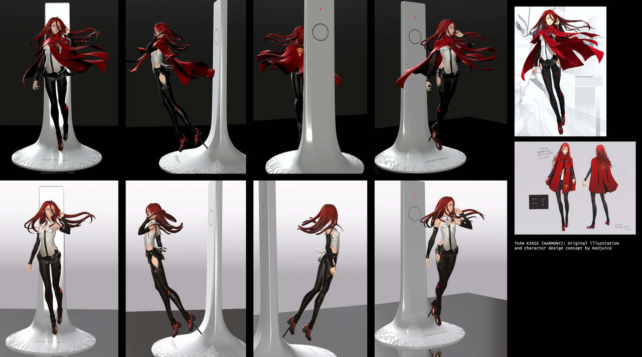 Posed 3D model of the figure in Blender. Based on client’s requested reference illustration, with small adjustments made to hold up in 3-dimensional construction/printing.