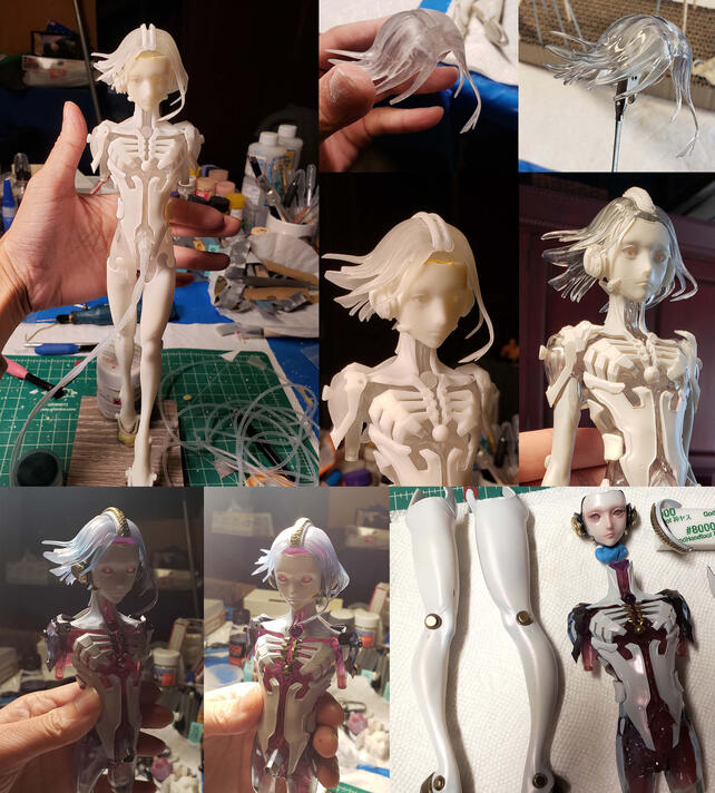 Build process photos of sanding and test assembly stages. The figure consists of roughly 32 individual parts which I also cut and keyed in Blender before printing.