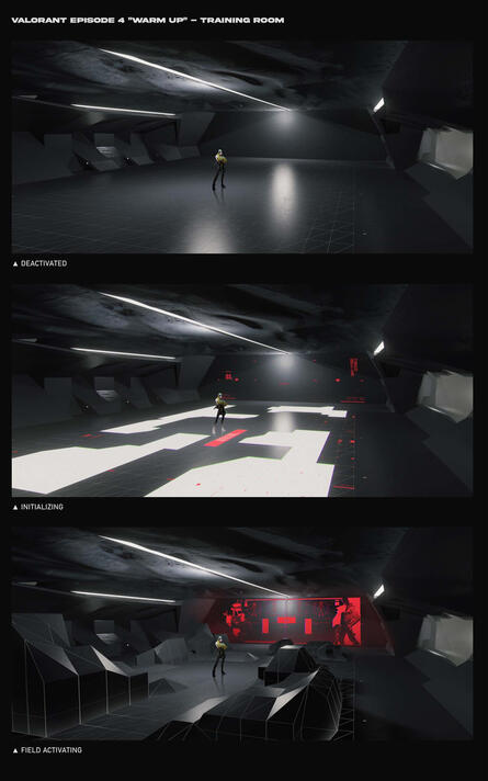 Training room design for Riot Games&#39; Valorant cinematic &quot;Warm Up&quot;.