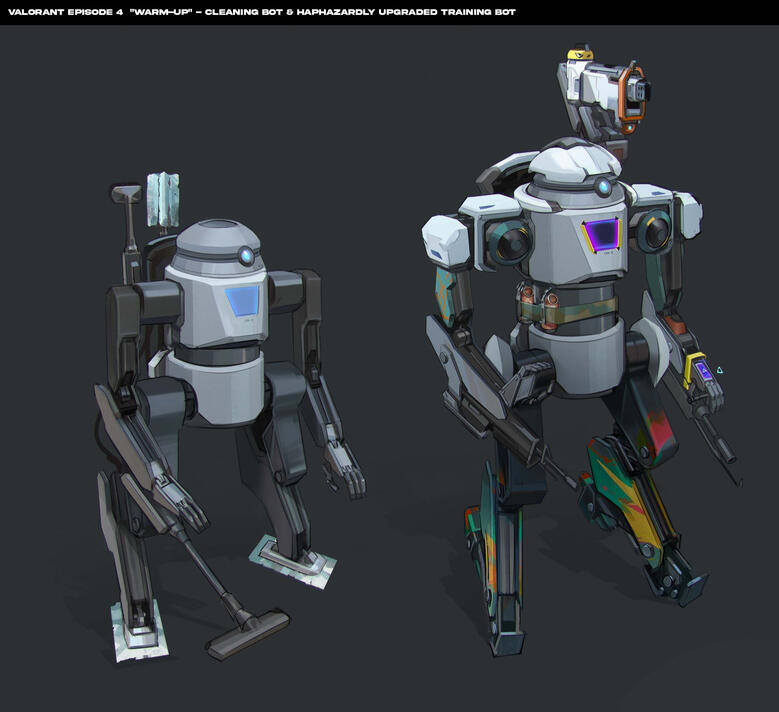 Innocent-Cleaning-Robot-Turned-Training-Bot design for Riot Games&#39; Valorant cinematic &quot;Warm Up&quot;.