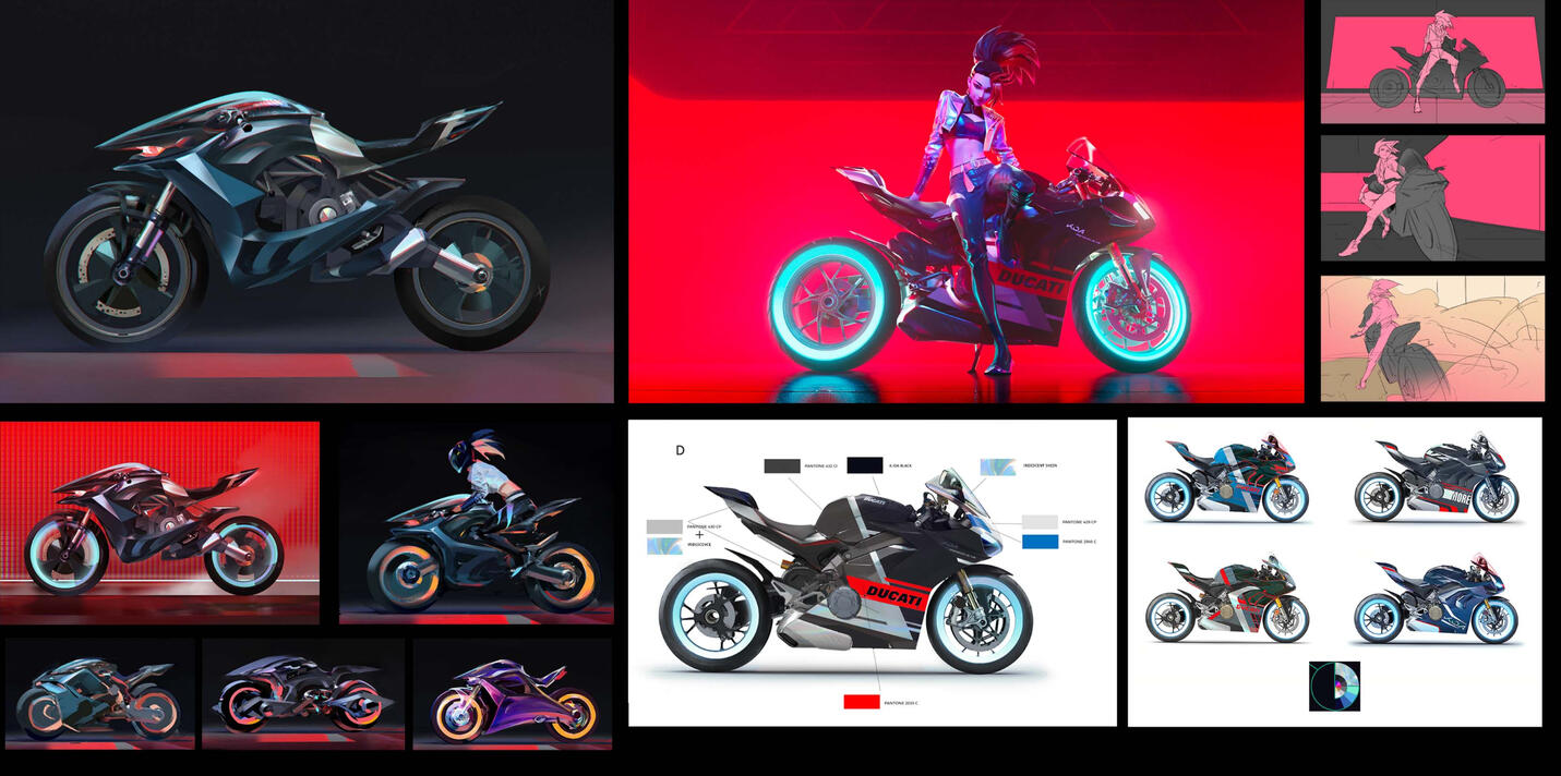 KDA x Ducati: Motorcycle design for the KDA &quot;MORE&quot; music video and collaboration with Ducati. The livery design on the right is for the Panigale used in the music video, the more fantastical motorcycle on the left is for in-game use.